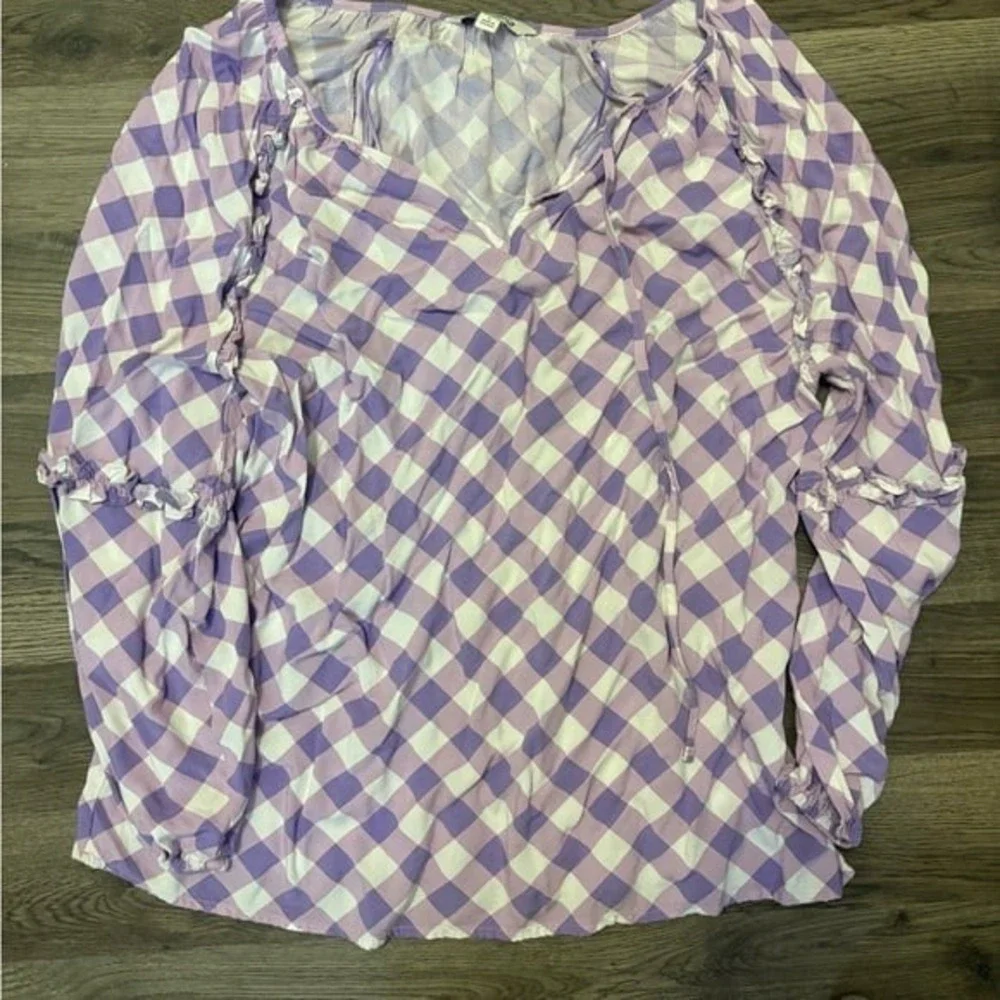 The Pioneer Woman Womens Size L Gingham Plaid Tunic Top Blouse Purple White - Picture 2 of 2